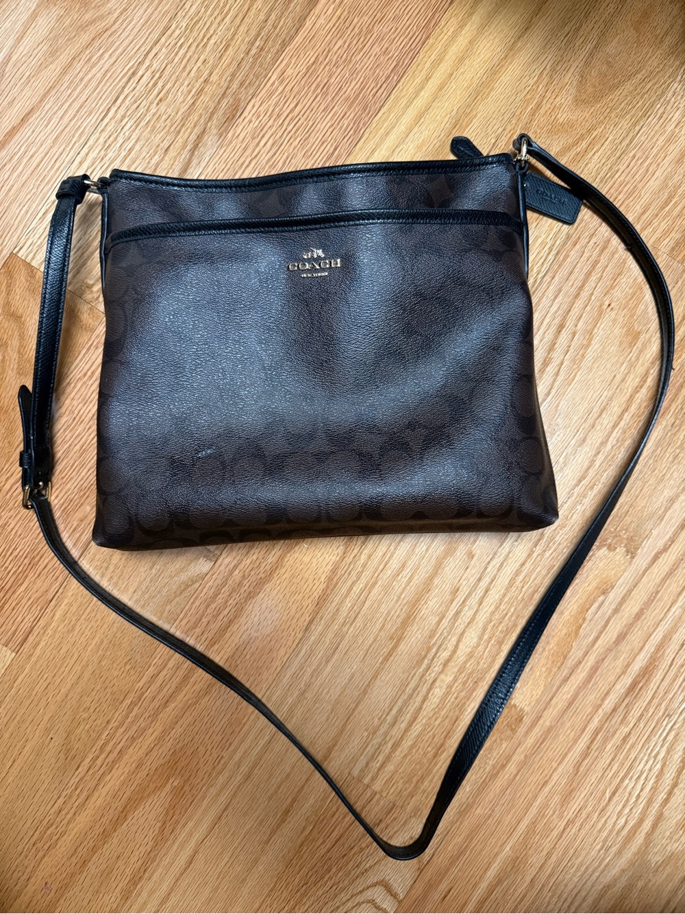 Coach Dark Brown Signature Messenger Crossbody with Black Strap